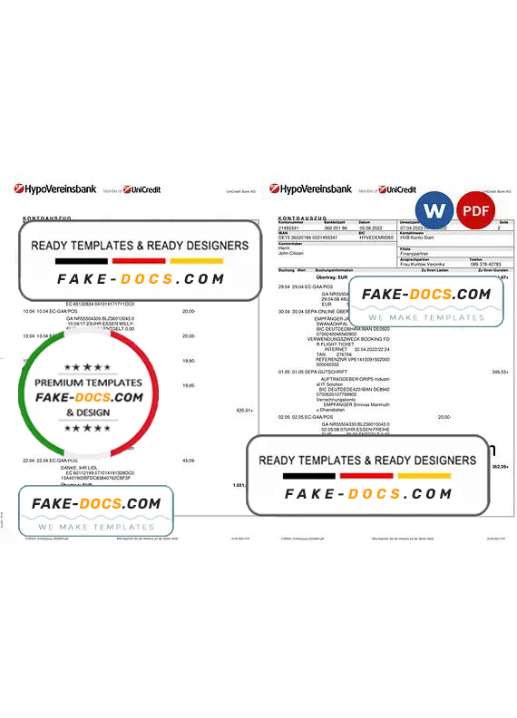 Germany HypoVereins bank statement, Word and PDF template, 3 pages Germany HypoVereins bank statement, Word and PDF template, 3 pages