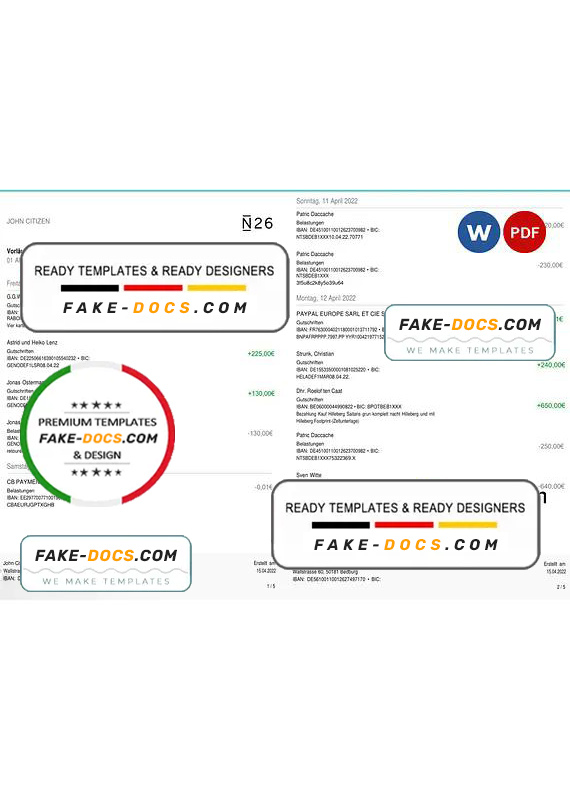 Germany N26 bank statement, Word and PDF template, 5 pages (in German language) Germany N26 bank statement, Word and PDF template, 5 pages (in German language)