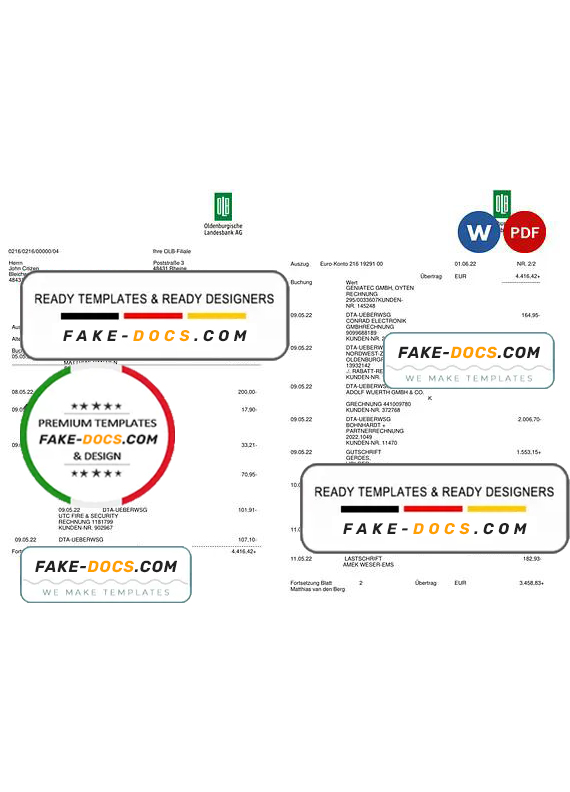 Germany Oldenburgische bank statement, Word and PDF template, 3 pages Germany Oldenburgische bank statement, Word and PDF template, 3 pages