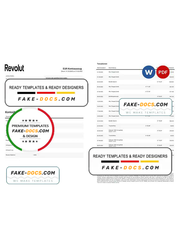 Germany Revolut EUR bank statement template in Word and PDF format, 2 pages Germany Revolut EUR bank statement template in Word and PDF format, 2 pages