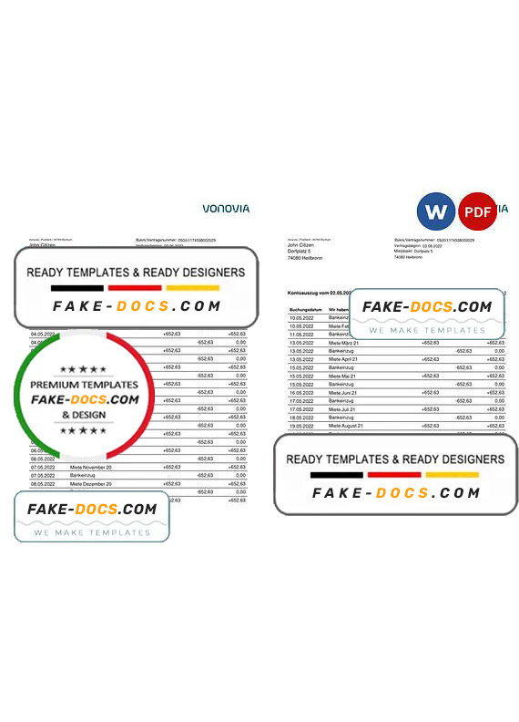 Germany Vonovia bank statement, Word and PDF template, 3 pages Germany Vonovia bank statement, Word and PDF template, 3 pages