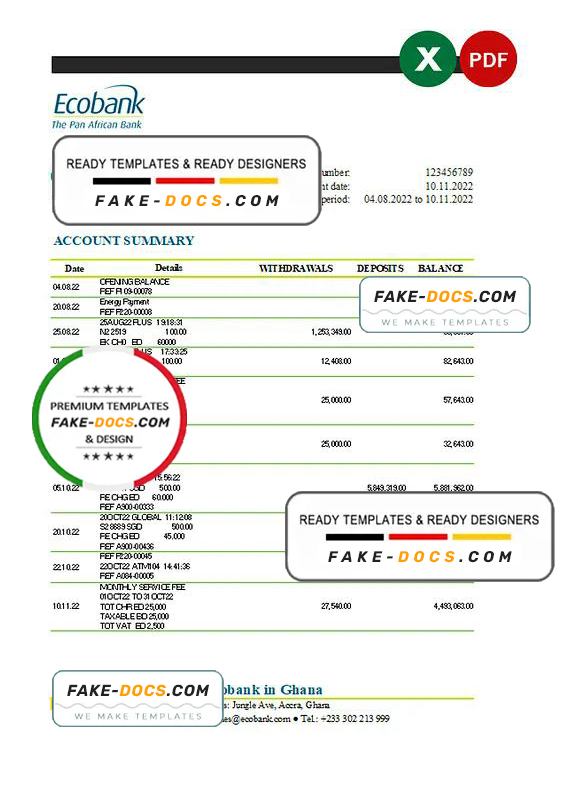 Ghana Ecobank bank statement Excel and PDF template Ghana Ecobank bank statement Excel and PDF template