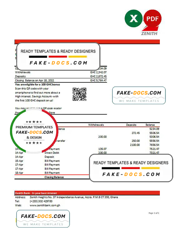 Ghana Zenith bank statement Excel and PDF template Ghana Zenith bank statement Excel and PDF template