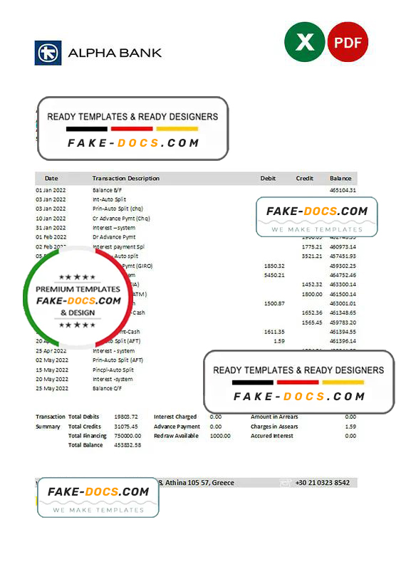 Greece Alpha Bank statement Excel and PDF template Greece Alpha Bank statement Excel and PDF template