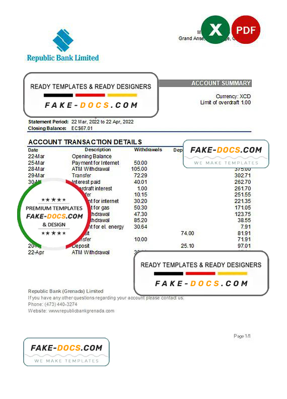 Grenada Republic bank statement Excel and PDF template Grenada Republic bank statement Excel and PDF template