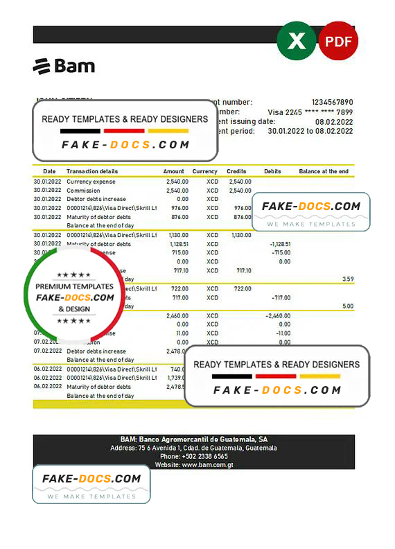 Guatemala Agromercantil bank statement Excel and PDF template Guatemala Agromercantil bank statement Excel and PDF template