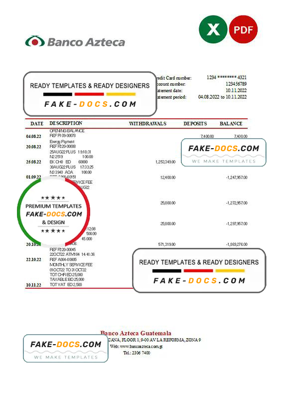Guatemala Azteca bank statement Excel and PDF template Guatemala Azteca bank statement Excel and PDF template