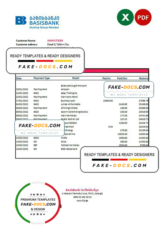 Georgia Basis Bank statement Excel and PDF template Georgia Basis Bank statement Excel and PDF template