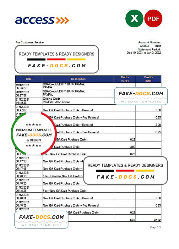 Guinea Access bank statement Excel and PDF template Guinea Access bank statement Excel and PDF template