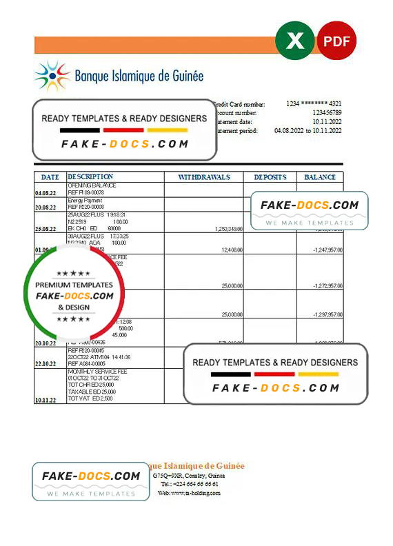 Guinea Banque Islamique de Guinée bank statement Excel and PDF template Guinea Banque Islamique de Guinée bank statement Excel and PDF template