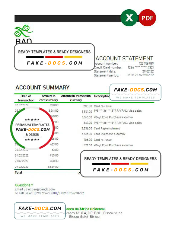 Guinea-Bissau Banco da Africa Ocidental bank statement Excel and PDF template Guinea-Bissau Banco da Africa Ocidental bank statement Excel and PDF template