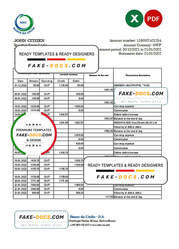 Guinea-Bissau Banco da Uniao bank statement Excel and PDF template Guinea-Bissau Banco da Uniao bank statement Excel and PDF template