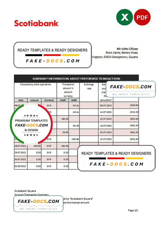 Guyana Bank of Nova Scotia statement Excel and PDF template Guyana Bank of Nova Scotia statement Excel and PDF template