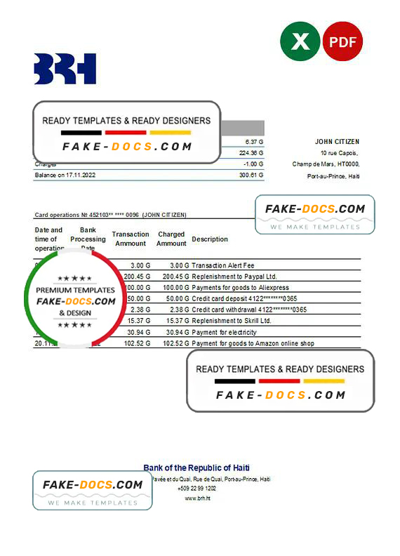 Haiti BRH bank statement Excel and PDF template Haiti BRH bank statement Excel and PDF template