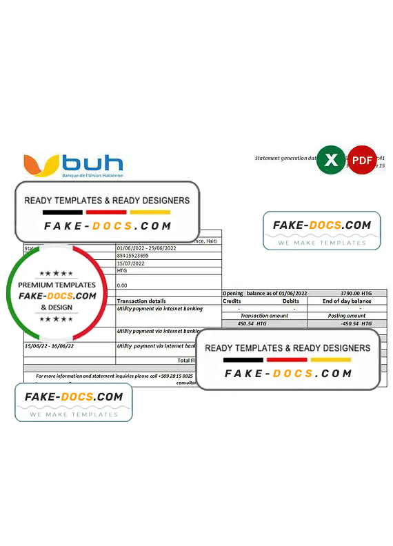 Haiti BUH bank statement Excel and PDF template Haiti BUH bank statement Excel and PDF template