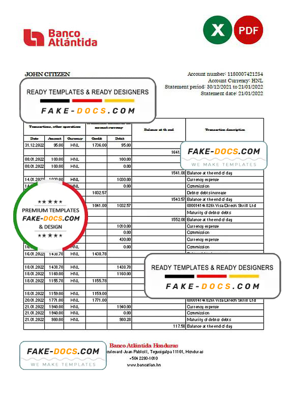 Honduras Banco Atlantida statement Excel and PDF template Honduras Banco Atlantida statement Excel and PDF template