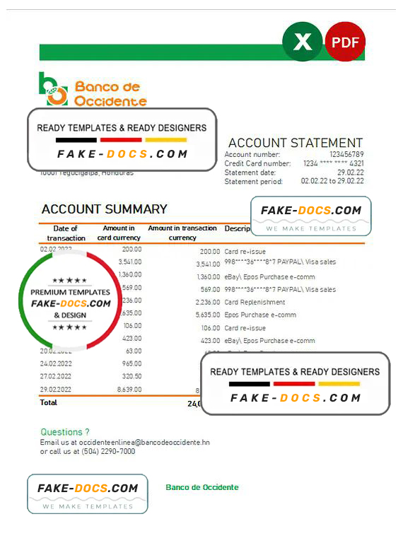 Honduras Banco de Occidente statement Excel and PDF template Honduras Banco de Occidente statement Excel and PDF template