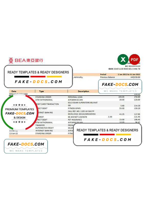 Hong Kong BEA bank statement Excel and PDF template Hong Kong BEA bank statement Excel and PDF template