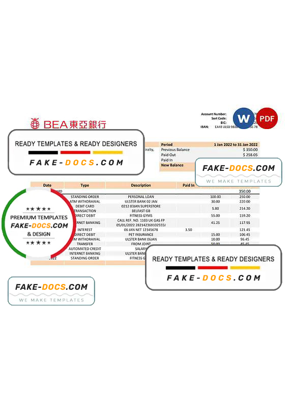 Hong Kong BEA bank statement Word and PDF template Hong Kong BEA bank statement Word and PDF template