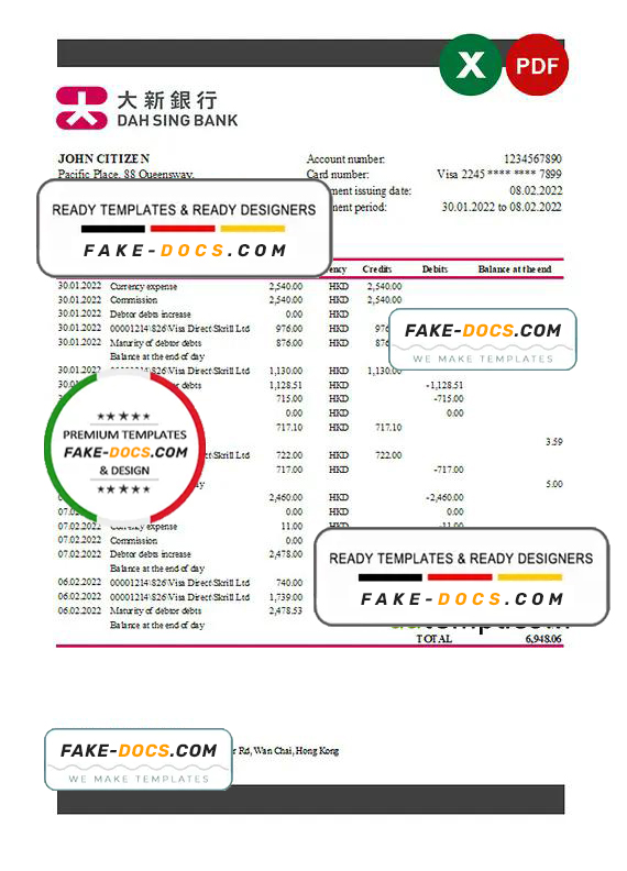 Hong Kong DAH Sing bank statement Excel and PDF template Hong Kong DAH Sing bank statement Excel and PDF template