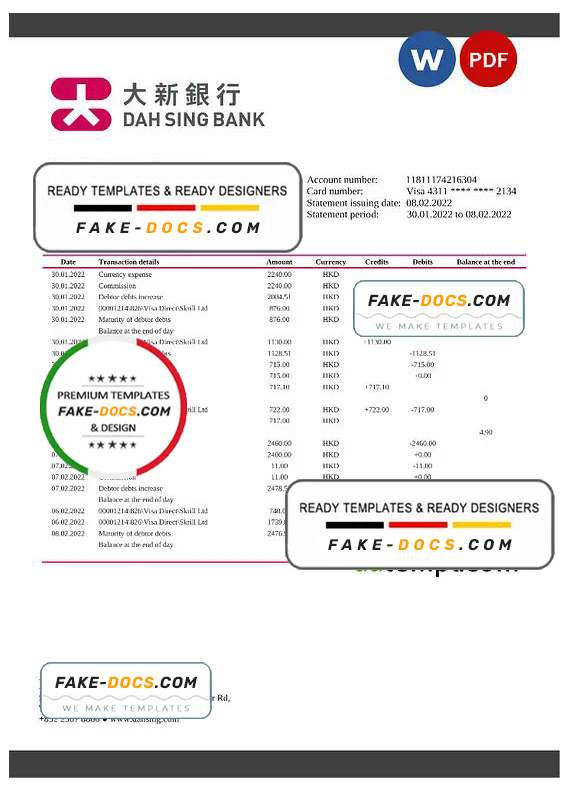 Hong Kong DAH Sing Bank statement Word and PDF template Hong Kong DAH Sing Bank statement Word and PDF template