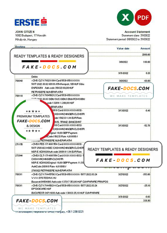 Hungary Erste bank statement Excel and PDF template Hungary Erste bank statement Excel and PDF template