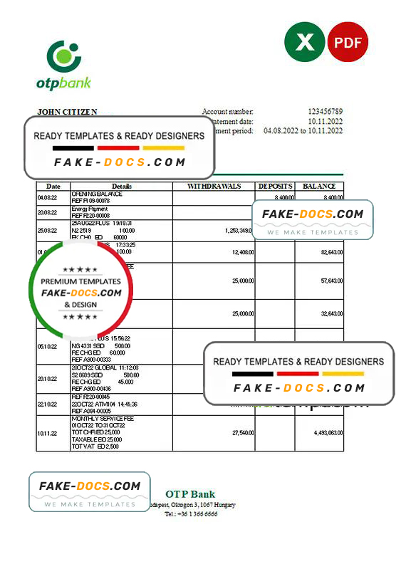Hungary OTP bank statement Excel and PDF template Hungary OTP bank statement Excel and PDF template
