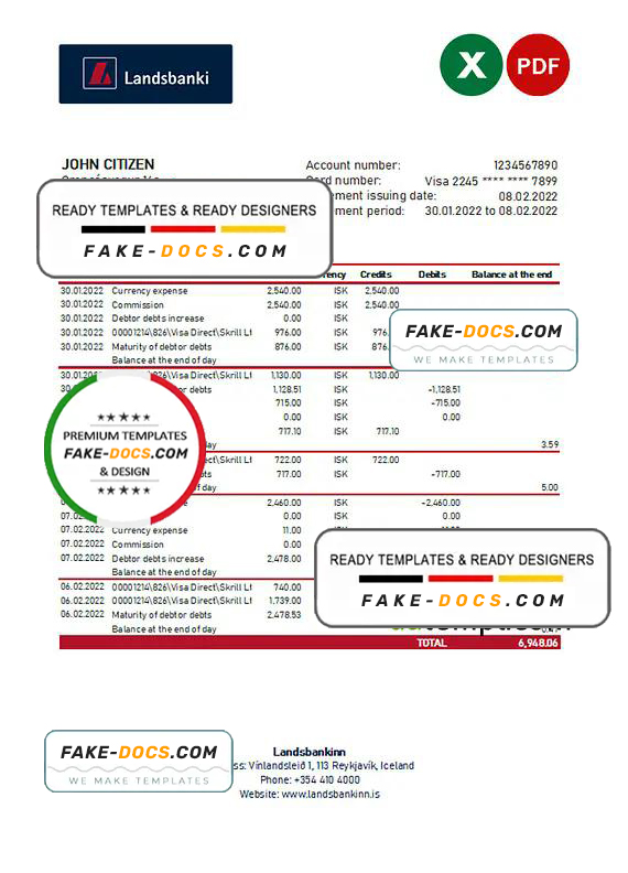 Iceland Landsbankinn bank statement Excel and PDF template Iceland Landsbankinn bank statement Excel and PDF template