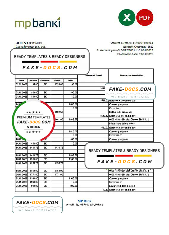 Iceland MP bank statement Excel and PDF template Iceland MP bank statement Excel and PDF template