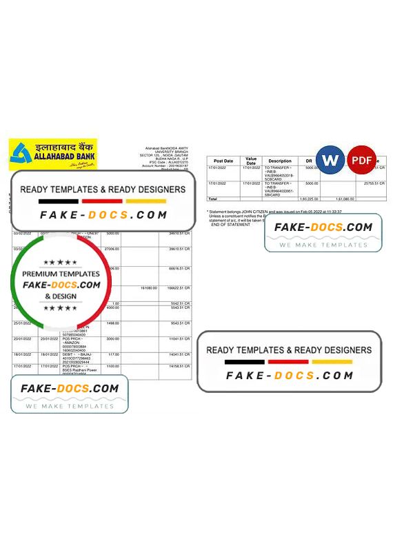 India Allahabad Bank statement, Word and PDF template, 2 pages India Allahabad Bank statement, Word and PDF template, 2 pages