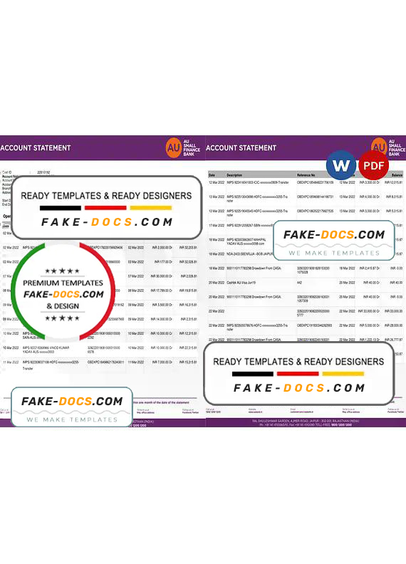 India AU Small Finance bank statement, Word and PDF template, 5 pages India AU Small Finance bank statement, Word and PDF template, 5 pages