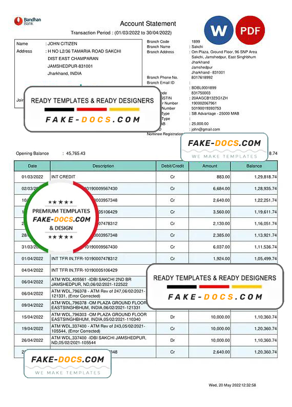 India Bandhan bank statement, Word and PDF template India Bandhan bank statement, Word and PDF template