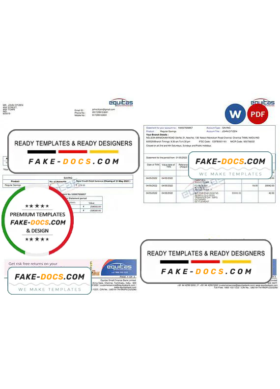India Equitas bank statement Word and PDF template, 3 pages India Equitas bank statement Word and PDF template, 3 pages
