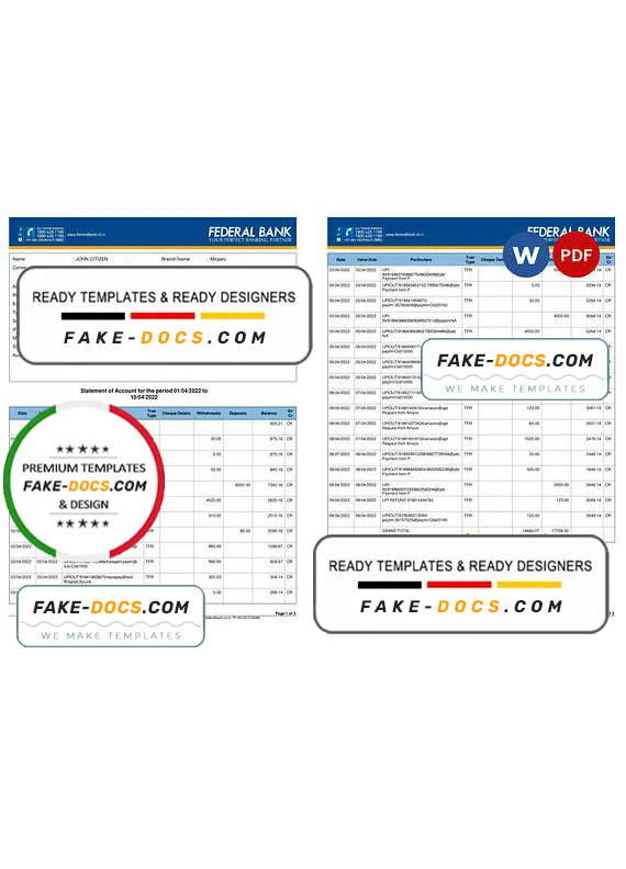 India Federal bank account statement, Word and PDF template, 3 pages India Federal bank account statement, Word and PDF template, 3 pages