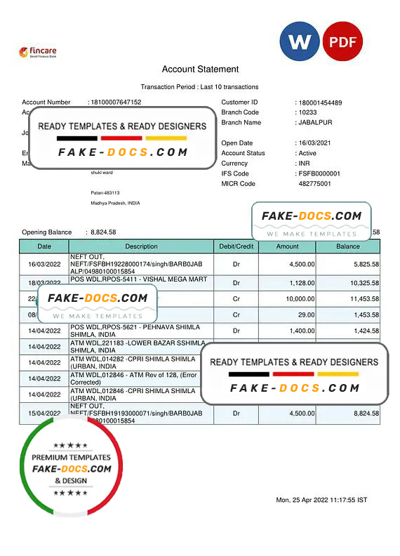 India Fincare bank account statement, Word and PDF template India Fincare bank account statement, Word and PDF template