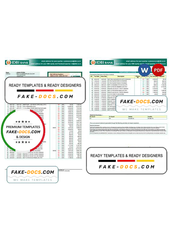 India IDBI bank statement, Word and PDF template, 2 pages India IDBI bank statement, Word and PDF template, 2 pages