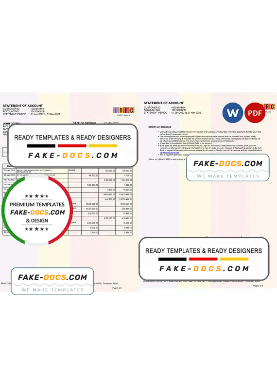 India IDFC bank statement Word and PDF template, 2 pages, version 2 India IDFC bank statement Word and PDF template, 2 pages, version 2