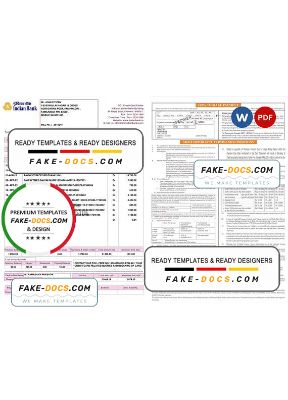 India Indian bank credit card statement, Word and PDF template, 2 pages India Indian bank credit card statement, Word and PDF template, 2 pages