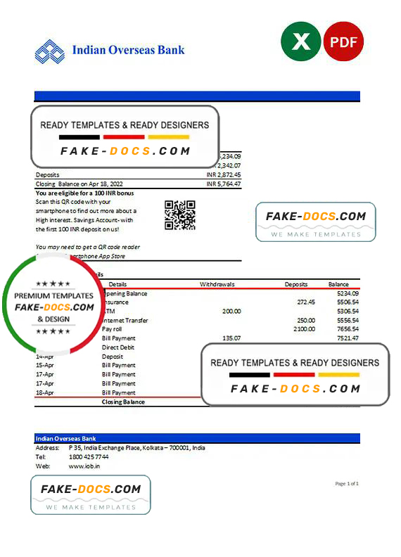 India Indian Overseas Bank statement Excel and PDF template India Indian Overseas Bank statement Excel and PDF template