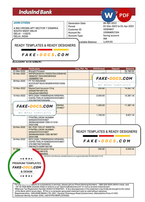 India IndusInd bank statement, Word and PDF template India IndusInd bank statement, Word and PDF template