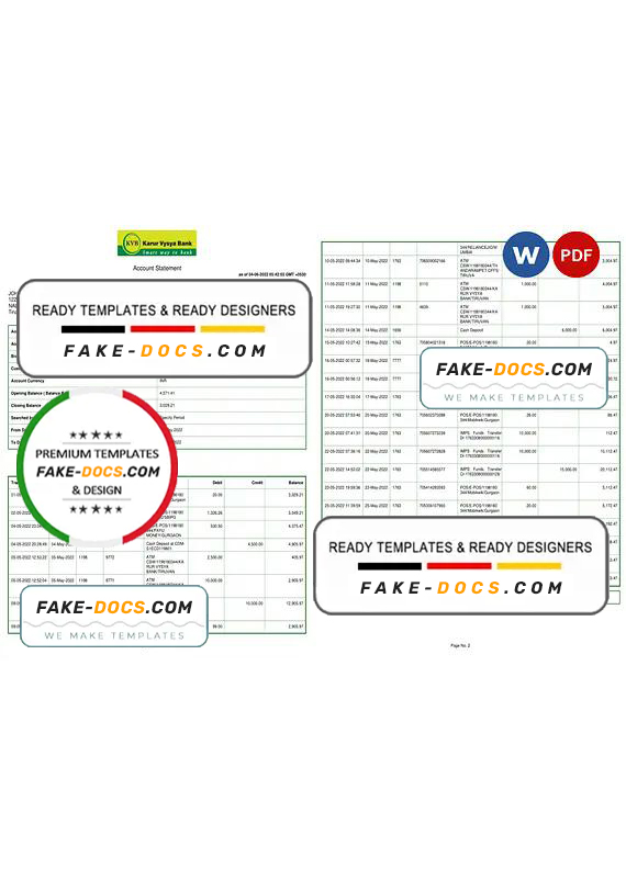 India KVB bank statement, Word and PDF template, 2 pages India KVB bank statement, Word and PDF template, 2 pages