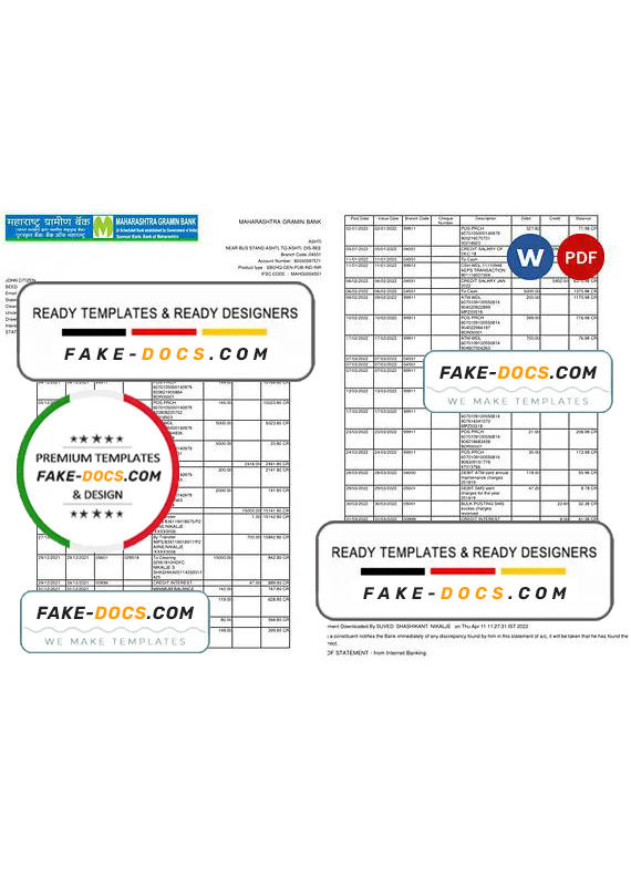 India Maharashtra bank statement, Word and PDF template, 2 pages India Maharashtra bank statement, Word and PDF template, 2 pages