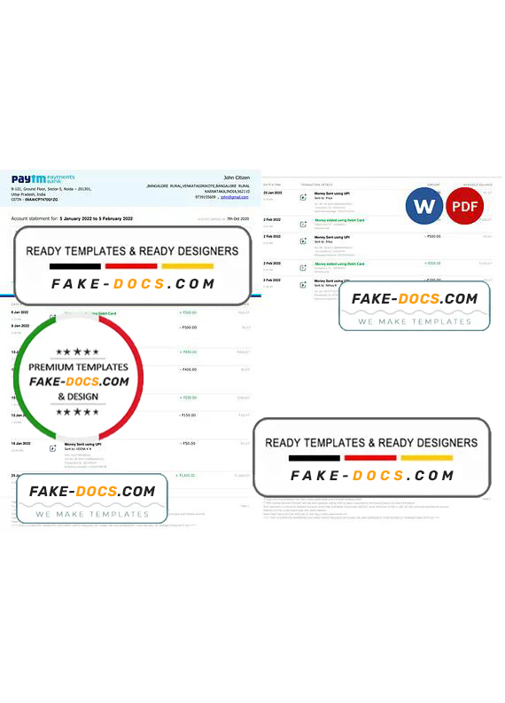 India Paytm Payments bank statement Word and PDF template, 2 pages India Paytm Payments bank statement Word and PDF template, 2 pages