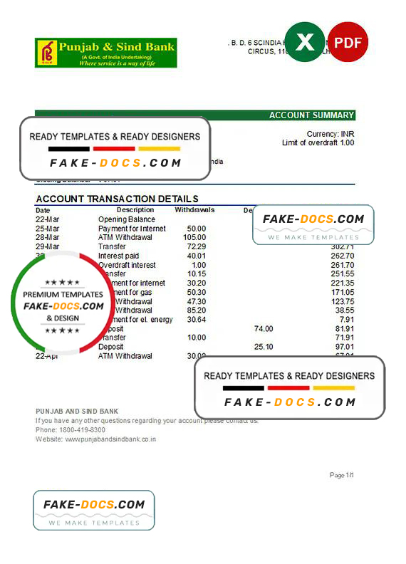 India Punjab and Sind bank statement Excel and PDF template India Punjab and Sind bank statement Excel and PDF template