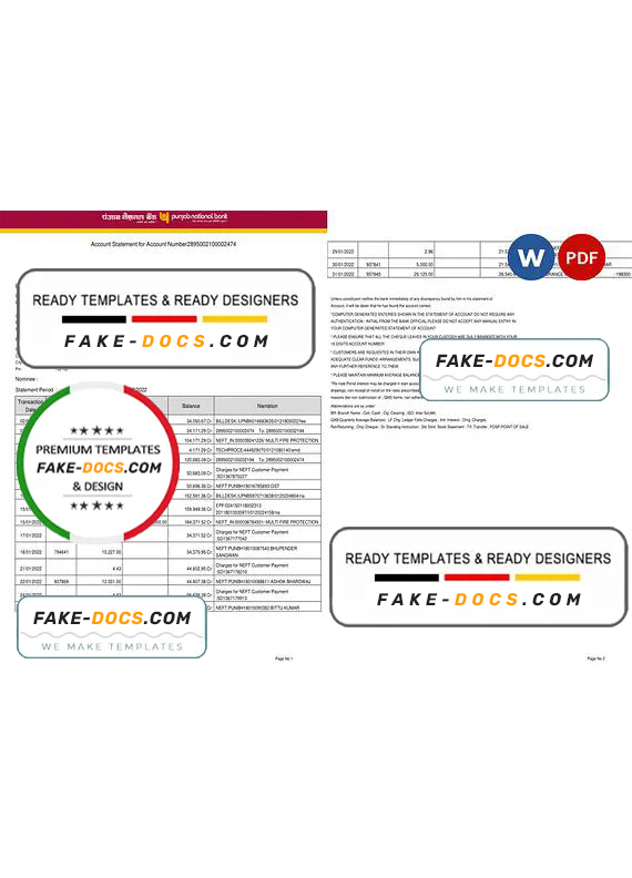 India Punjab National Bank statement Word and PDF template, 2 pages, version 2 India Punjab National Bank statement Word and PDF template, 2 pages, version 2