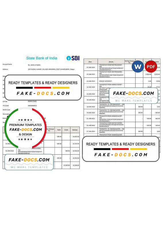 India State Bank of India (SBI) bank statement Word and PDF template, 2 pages India State Bank of India (SBI) bank statement Word and PDF template, 2 pages