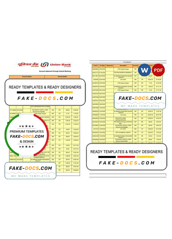 India Union Bank of India bank statement Word and PDF template, 2 pages India Union Bank of India bank statement Word and PDF template, 2 pages