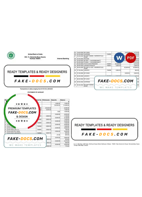 India United Bank of India bank statement, Word and PDF template, 2 pages India United Bank of India bank statement, Word and PDF template, 2 pages