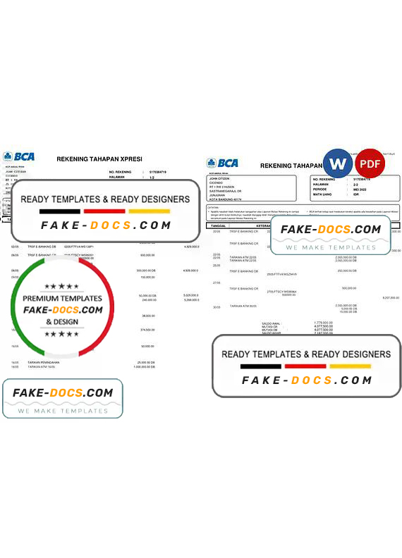 Indonesia BCA bank statement, Word and PDF template, 2 pages Indonesia BCA bank statement, Word and PDF template, 2 pages
