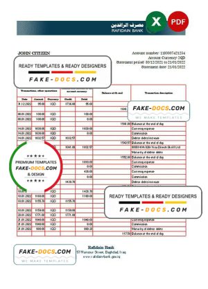 Iraq Rafidain Bank statement Excel and PDF template Iraq Rafidain Bank statement Excel and PDF template